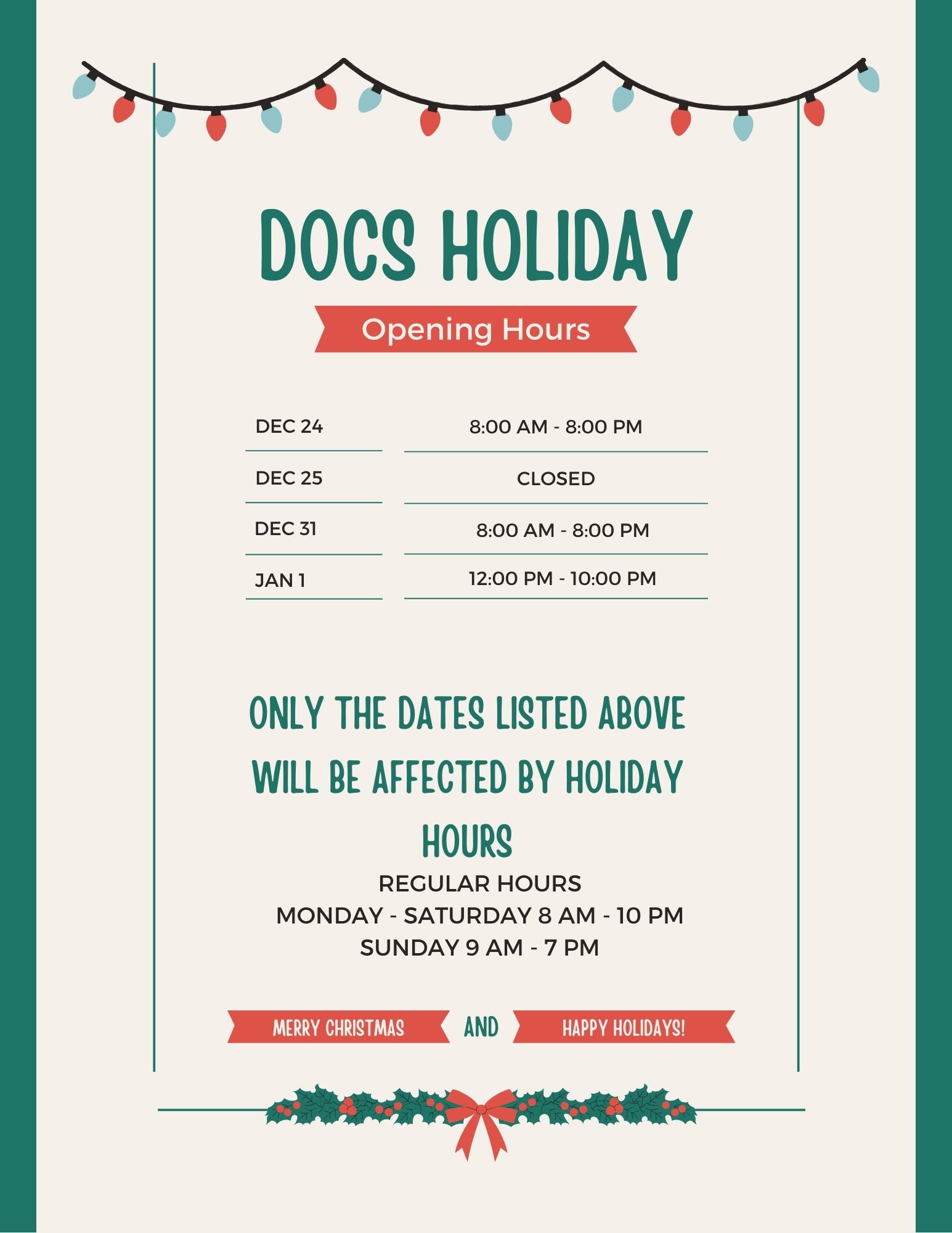Doc's Apothecary December Holiday Hours